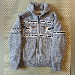 Schott NYC Gray Zip-Up Wool Cardigan with Nordic Bird Motif